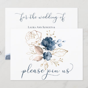 Invitation Mariage floral de couleur bleu bleu marine et or