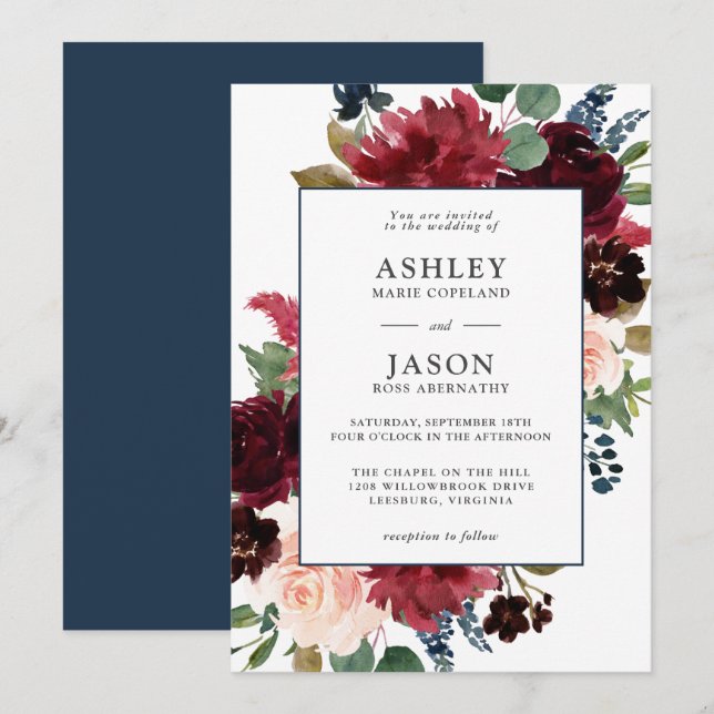 Invitation Mariage floral de couleur marine, bordeaux et bleu (Devant / Derrière)