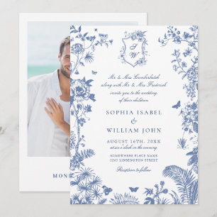 Invitation Mariage Floral de Jardin Français Bleu Baroque Élé