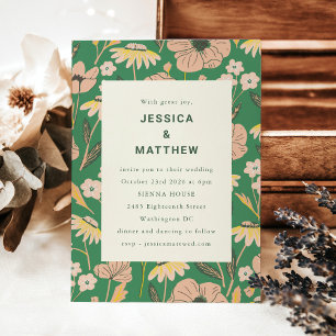 Invitation Mariage Floral de Jardin Moderne Vert Rose