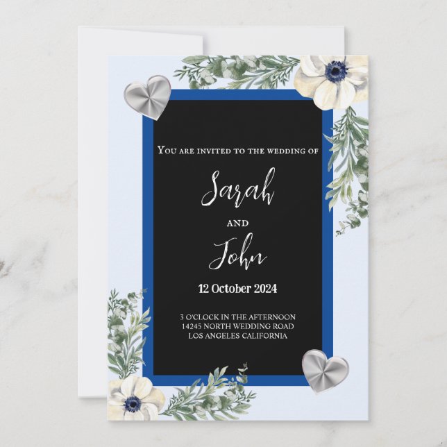 Invitation Mariage floral de la marine bleu et argent élégant (Devant)