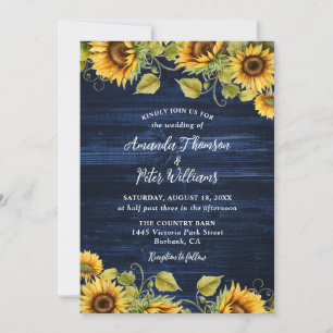 Invitation Mariage floral de la marine Blue Sunflower Wood