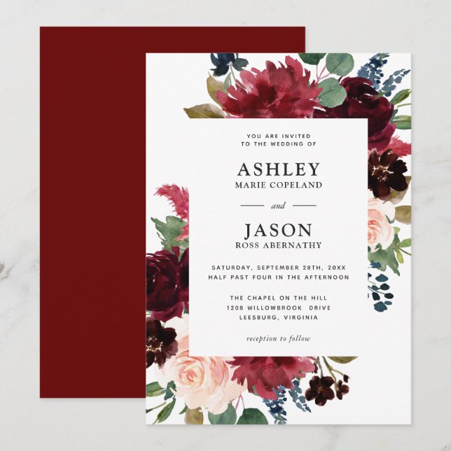 Invitation Mariage floral de la marine de Bourgogne et de l'a (Devant / Derrière)