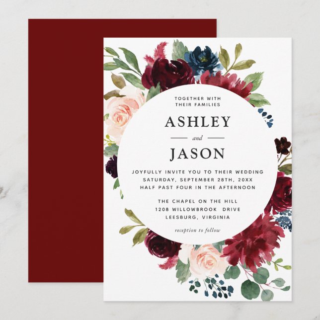 Invitation Mariage floral de la marine de Bourgogne et de l'a (Devant / Derrière)