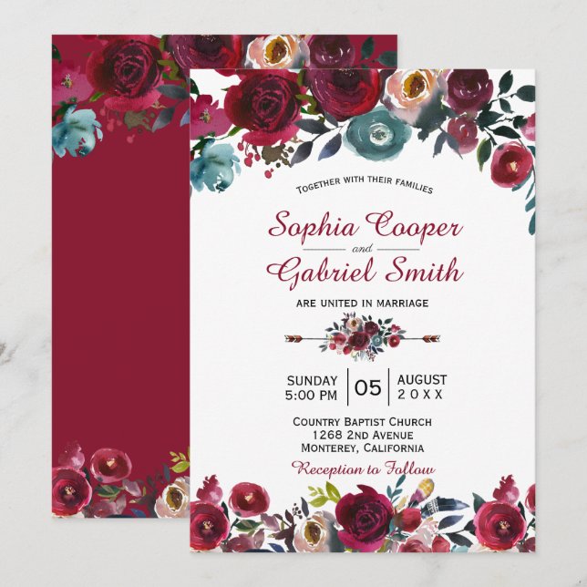 Invitation Mariage floral de la marine de Bourgogne moderne (Devant / Derrière)