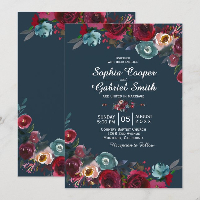 Invitation Mariage floral de la marine de Bourgogne moderne (Devant / Derrière)