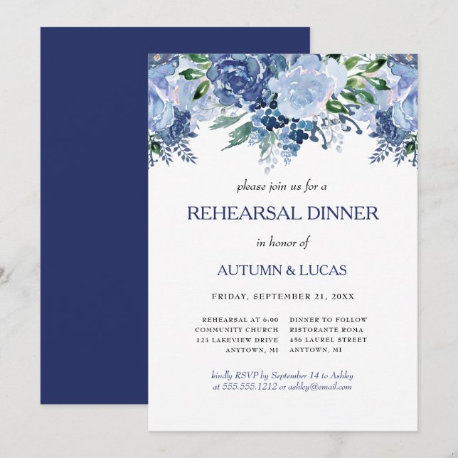 Invitation Mariage Floral de la Marine Dusty Dîner de répétit (Devant / Derrière)