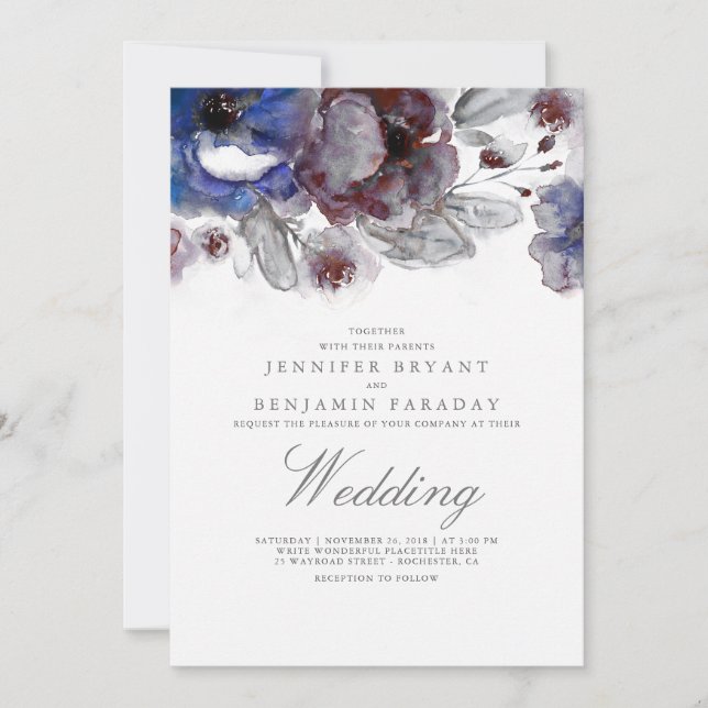 Invitation Mariage floral de la marine et de la Bourgogne (Devant)