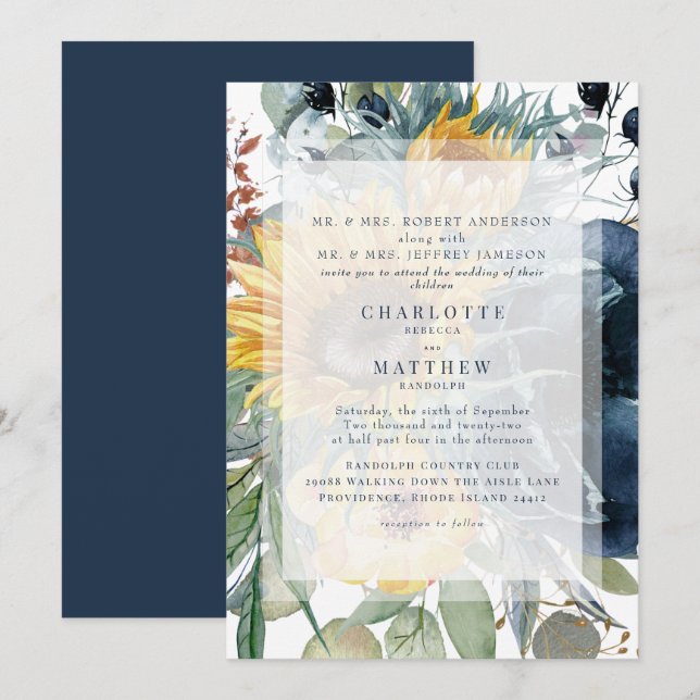Invitation Mariage floral de la marine et du tournesol (Devant / Derrière)