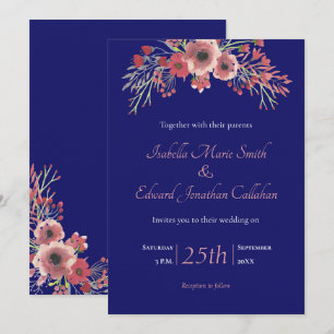Invitation Mariage floral de la marine moderne Blue Coral Peo
