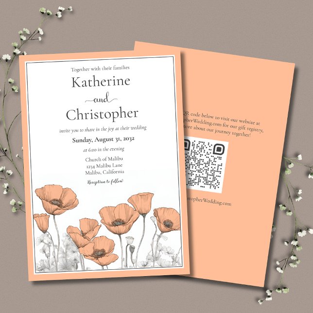 Invitation Mariage floral de la Pêche au pavot de Californie (California Poppies floral wedding invitation in Peach Fuzz with QR code for wedding website.)