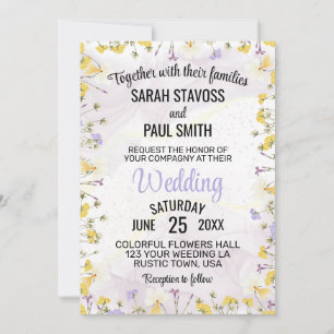 Invitation Mariage floral de lavande et de fleurs jaunes sauv