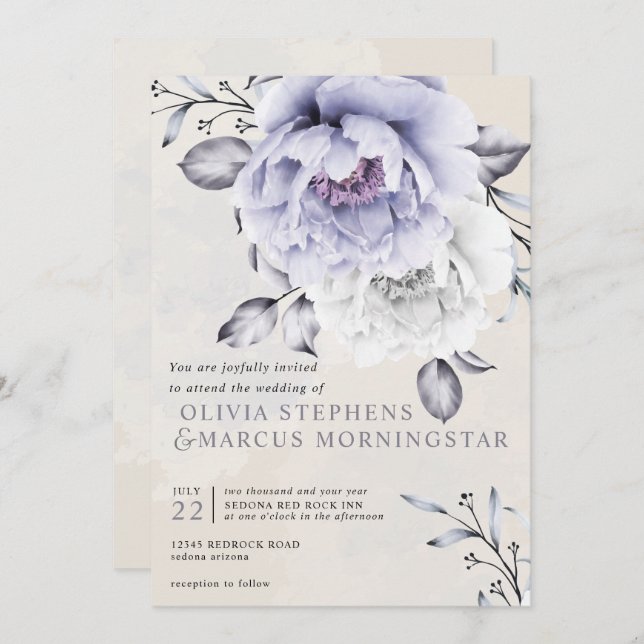 Invitation Mariage | Floral de Lilac rustique et d'Albâtre (Devant / Derrière)