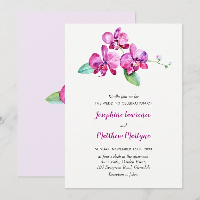 Invitation Mariage floral de l'orchidée d'aquarelle violette (Devant / Derrière)