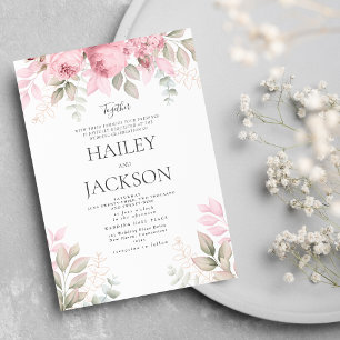 Invitation Mariage floral de magnolia rose blush blanc et men
