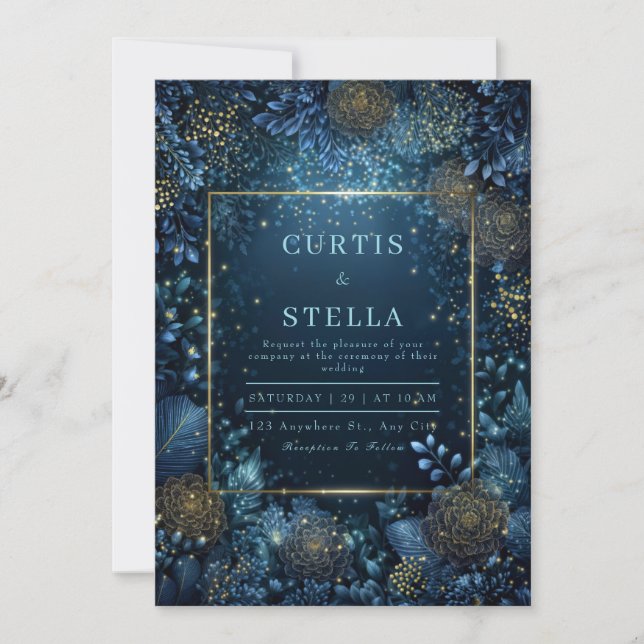 Invitation Mariage Floral de Minuit Enchanté Or (Devant)
