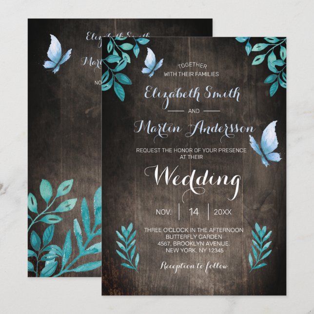 Invitation Mariage floral de papillon bleu rustique (Devant / Derrière)