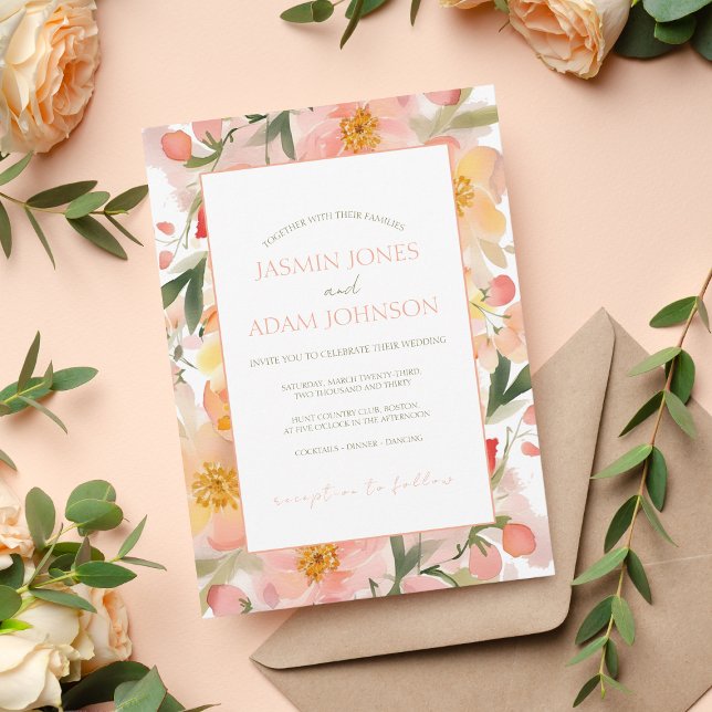 Invitation Mariage Floral de Pêche Orange Aquarelle moderne (Créateur téléchargé)