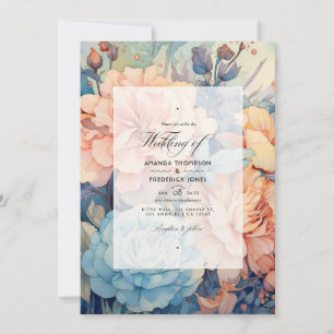 Invitation Mariage Floral de Pêche, Sauge et Bleu Clair
