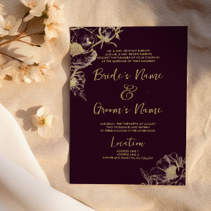 Invitation Mariage floral de pivoine dorée bordeaux foncé