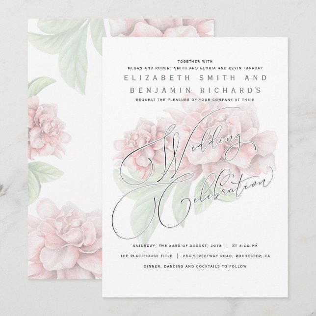 Invitation Mariage Floral de Pivoine Rose Pâle Élégant (Devant / Derrière)
