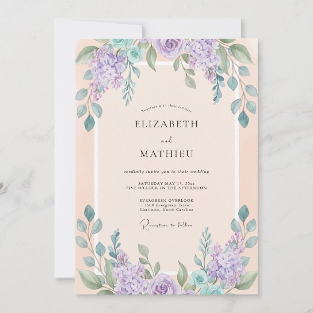 Invitation Mariage Floral de Printemps au Lavande (Devant)