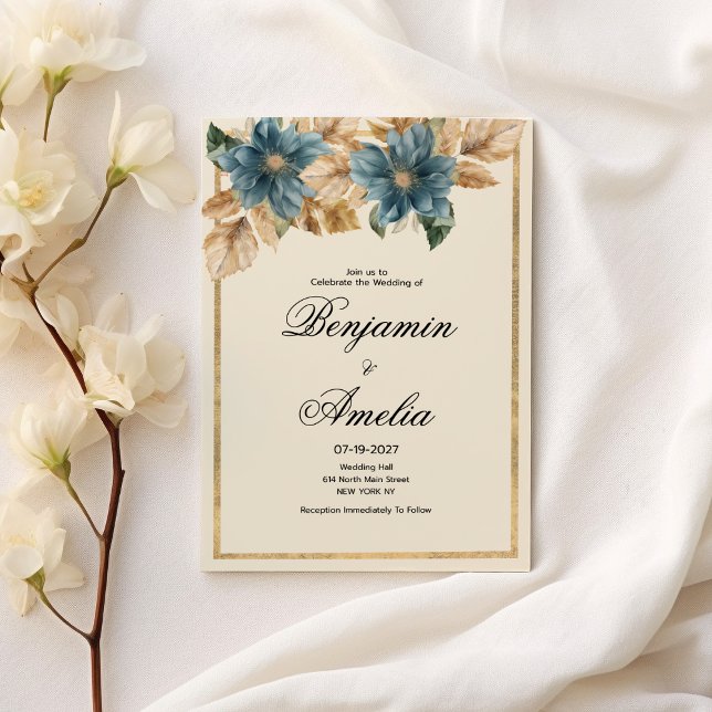 Invitation Mariage floral de printemps en ivoire bleu (Blue ivory gold fall spring floral Wedding)