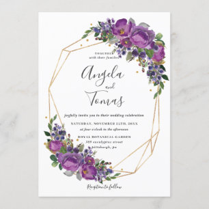 Invitation Mariage Floral de prune violette Cadre géométrique