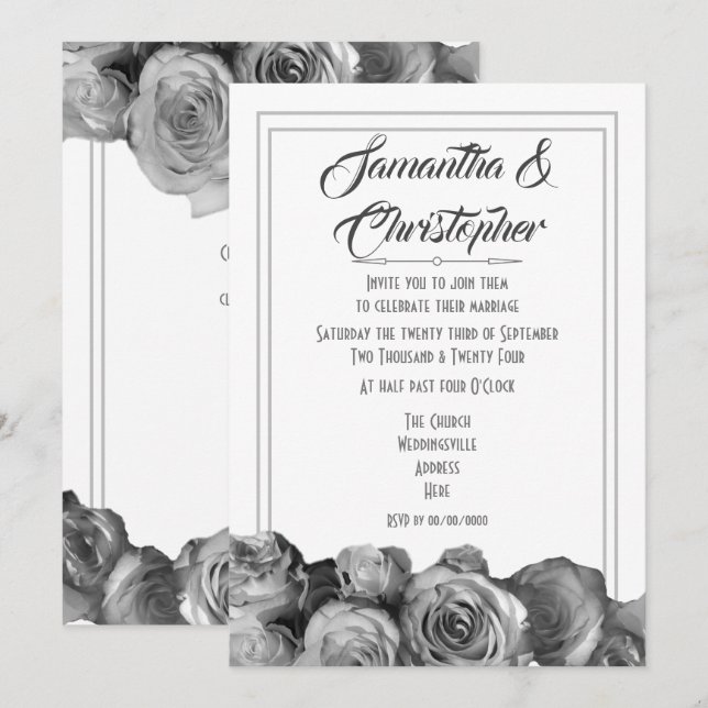 Invitation Mariage floral de rose noir et blanc (Devant / Derrière)