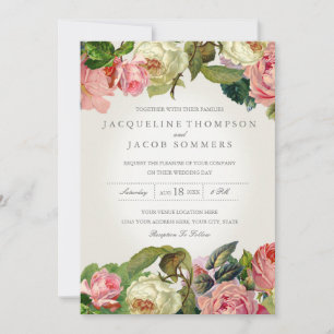 Invitation Mariage floral de rose vintage de typographie mode
