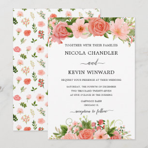 Invitation Mariage Floral de Roses Corail Élégant