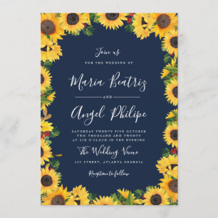 Invitation Mariage floral de tournesol bleu marine