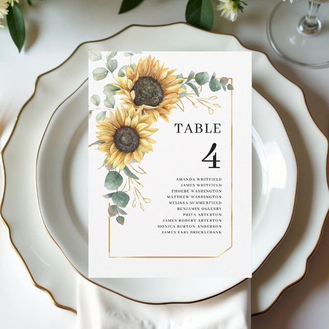 Invitation Mariage floral de tournesol Eucalyptus Numéro de t (Floral Sunflower Eucalyptus Wedding Table Number 4)