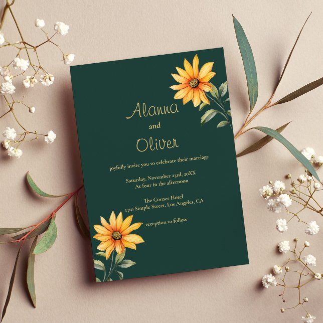 Invitation Mariage floral de tournesol or vert orange (Orange green gold sunflower floral Wedding)