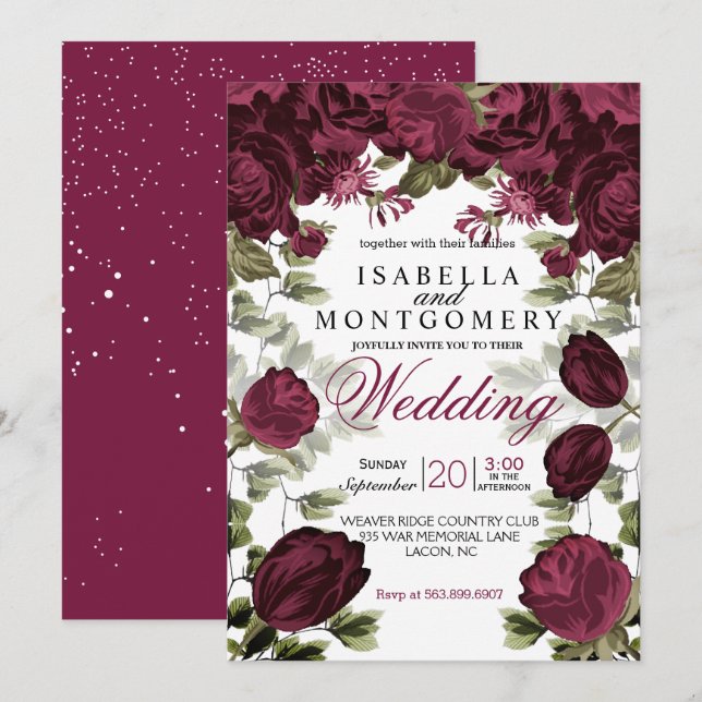 Invitation Mariage floral de vin profond botanique (Devant / Derrière)