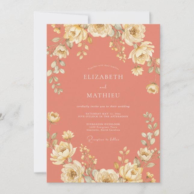 Invitation Mariage Floral Délicat aux Touches de Pêche (Devant)