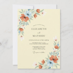 Invitation Mariage Floral Délicat Bleu Corail
