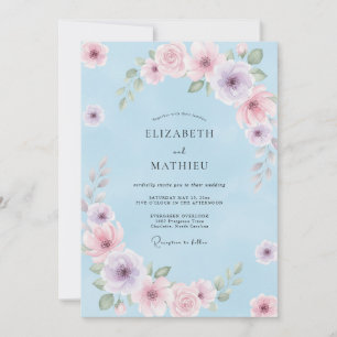 Invitation Mariage Floral Délicat Bleu Pastel