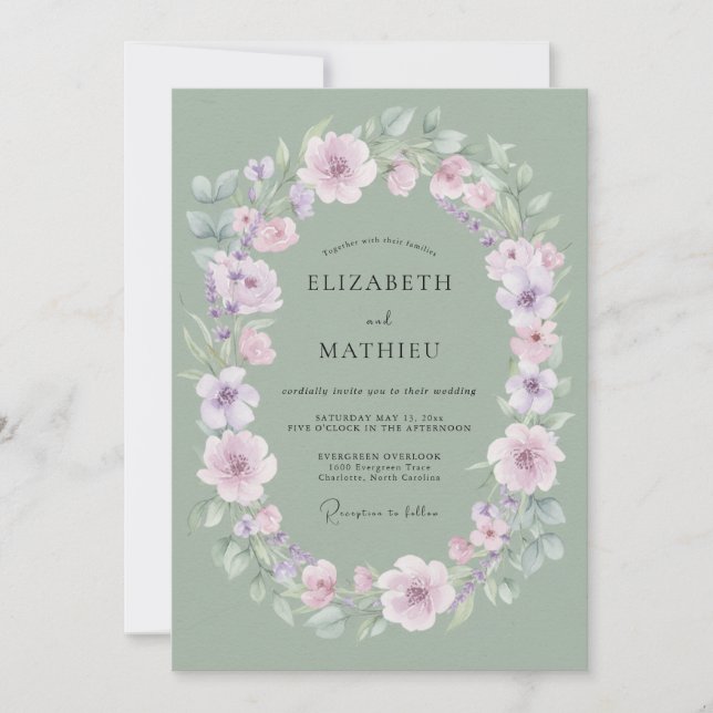 Invitation Mariage Floral Délicat Vert Sauge (Devant)