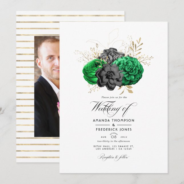Invitation Mariage floral d'émeraude foncé et or (Devant / Derrière)