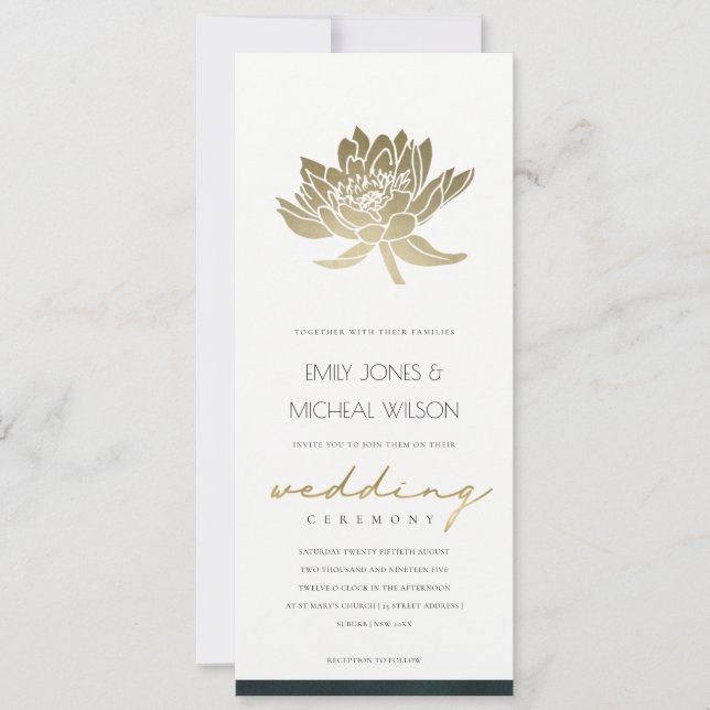 INVITATION MARIAGE FLORAL D'ÉMERAUDE VERT D'OR CLASSÉ LOTUS (Devant)