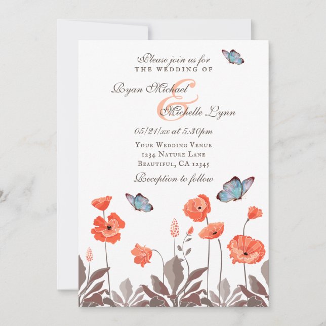 Invitation Mariage floral des papillons orange et des papillo (Devant)