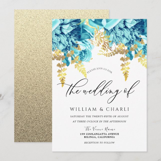 Invitation Mariage floral d'étincelle Aqua bleu et or (Devant / Derrière)