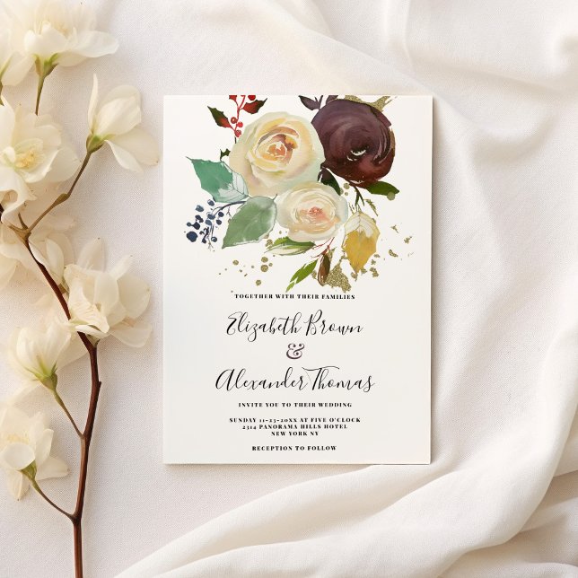 Invitation Mariage floral d'hiver burgundy ivoire menthe or (Winter burgundy ivory mint gold floral wedding)