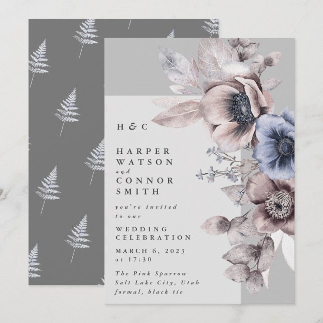 Invitation Mariage Floral d'hiver gris clair moderne (Devant / Derrière)