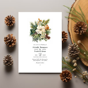 Invitation Mariage Floral d'Hiver Vert Pin et Marrons Doux