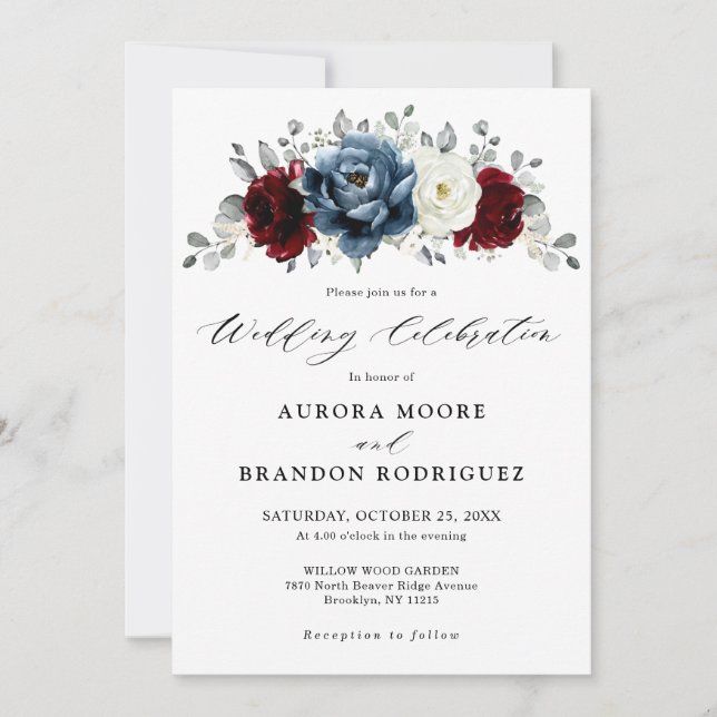 Invitation Mariage floral d'ivoire blanc bleu ardoise (Devant)