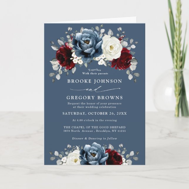 Invitation Mariage Floral d'ivoire blanc bleu ardoise en (Devant)
