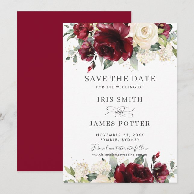 Invitation Mariage floral d'ivoire de Bourgogne Enregistrer l (Devant / Derrière)