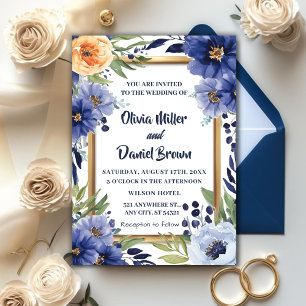 Invitation Mariage floral d'ivoire Elégant bleu marine